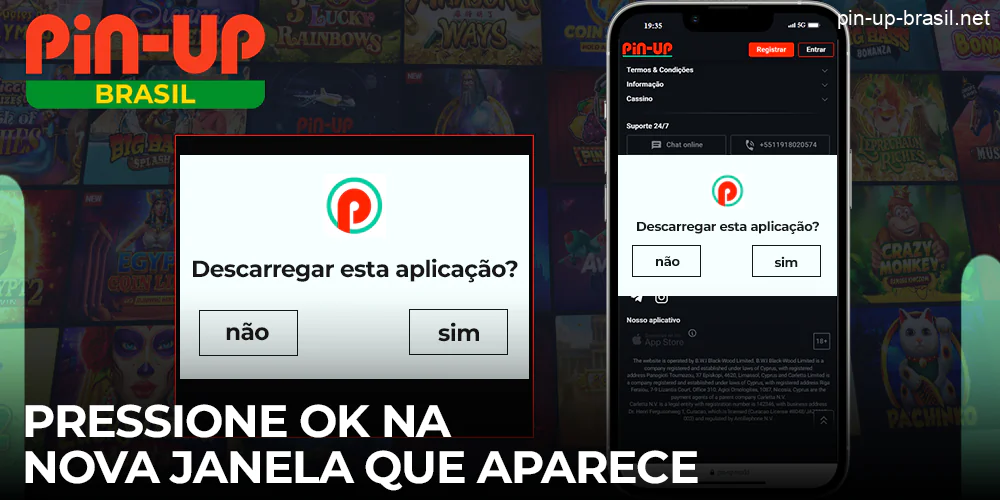 Na nova janela que aparece, pressione OK para fazer o download do aplicativo Pin Up