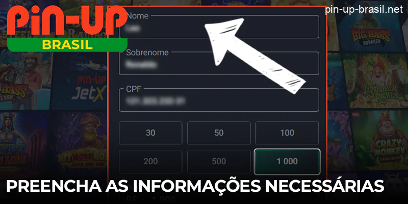 Preencha as informações necessárias na janela de pagamento Pin Up