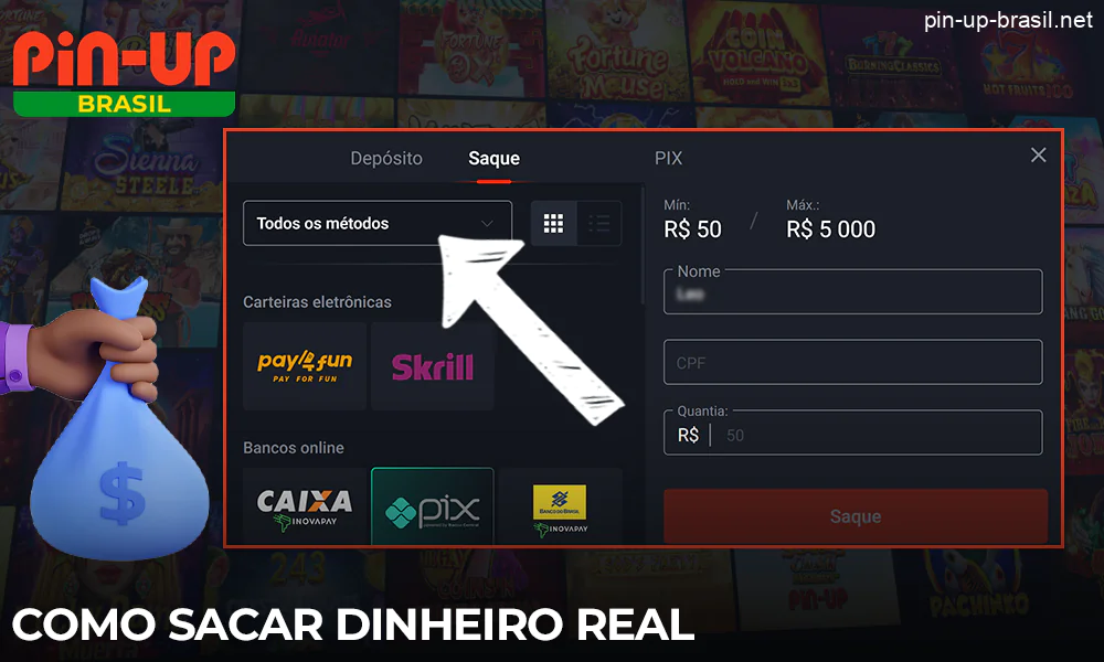 Retirada de dinheiro real do Pin Up Cassino