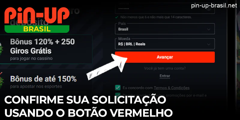 Use o botão vermelho para confirmar sua solicitação no site da Pin Up